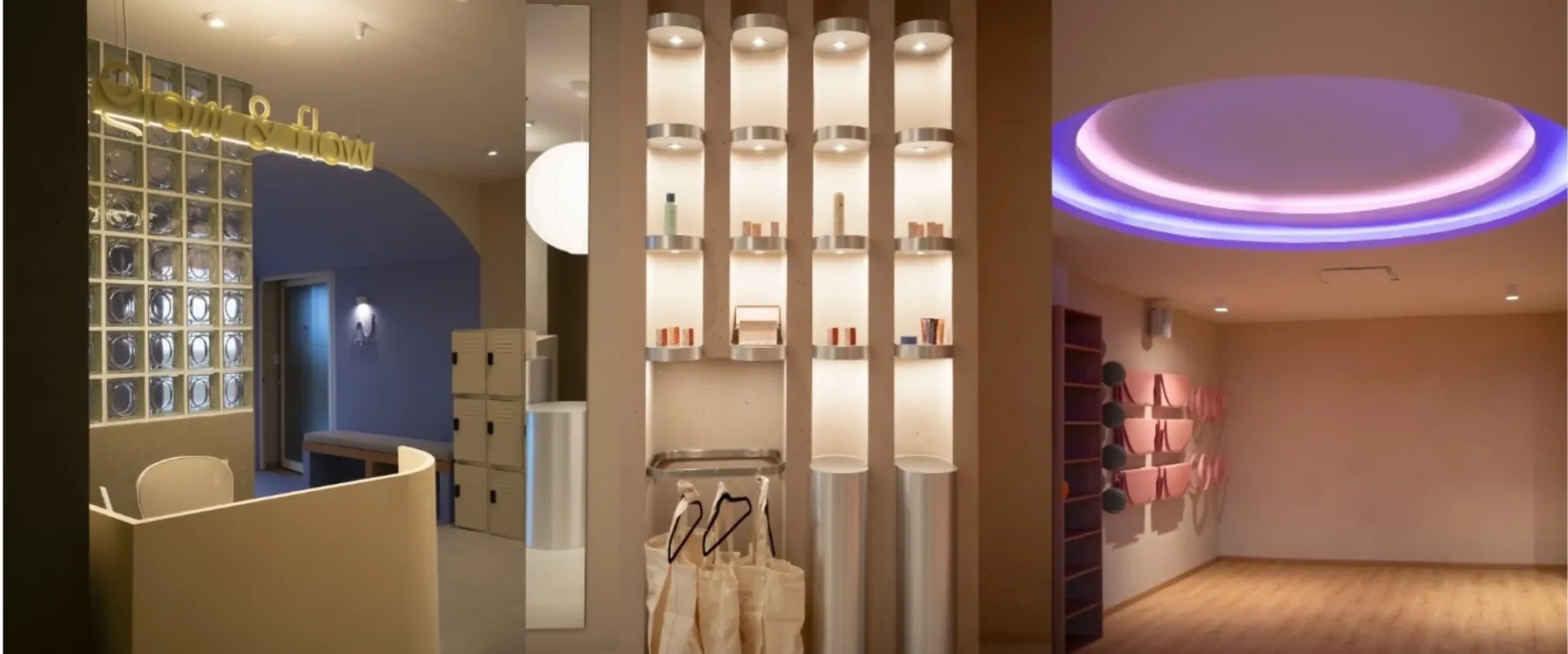 Recepción de Glow & Flow con techo lavanda iluminado